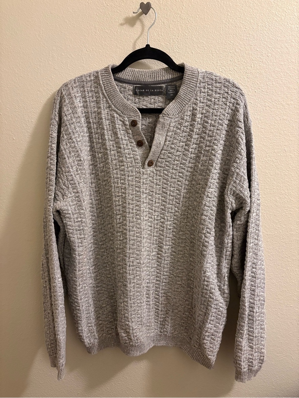 Oscar de la Renta Men’s Light Gray Waffle-Knit Henley Sweater - Size XL